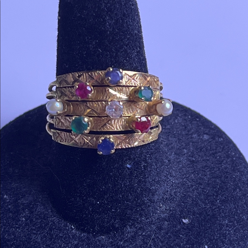 Vintage 18 Kt Gold Ruby Green Tourmaline Blue Topaz Pearl  Aquamarine Ring